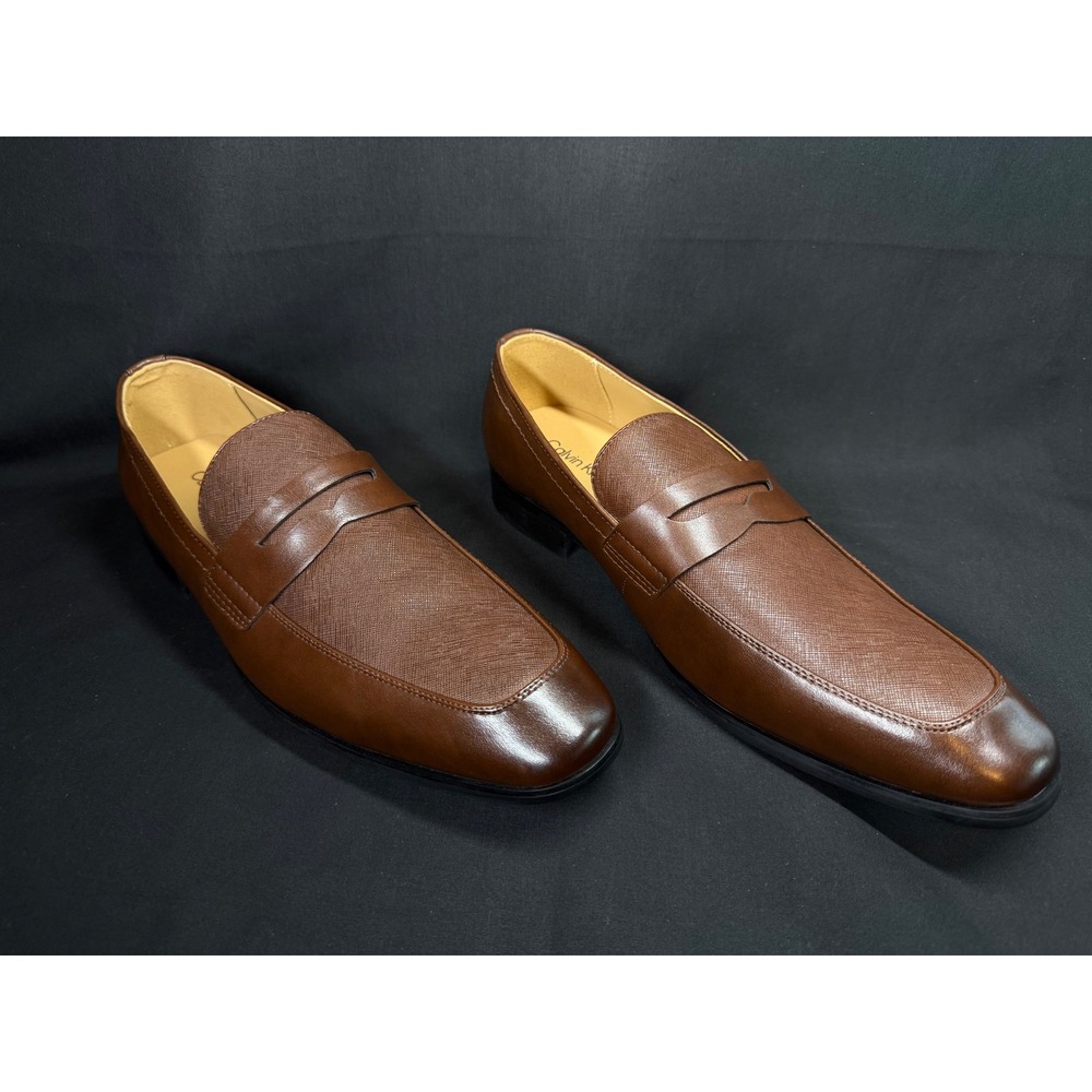 Calvin Klein Mens CMJUNBERG-R Brown Textured Penny Loafers Dress Shoes 10.5
